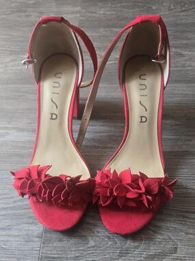 Unisa Red Suede Floral Open-Toe Ankle-Strap Heels